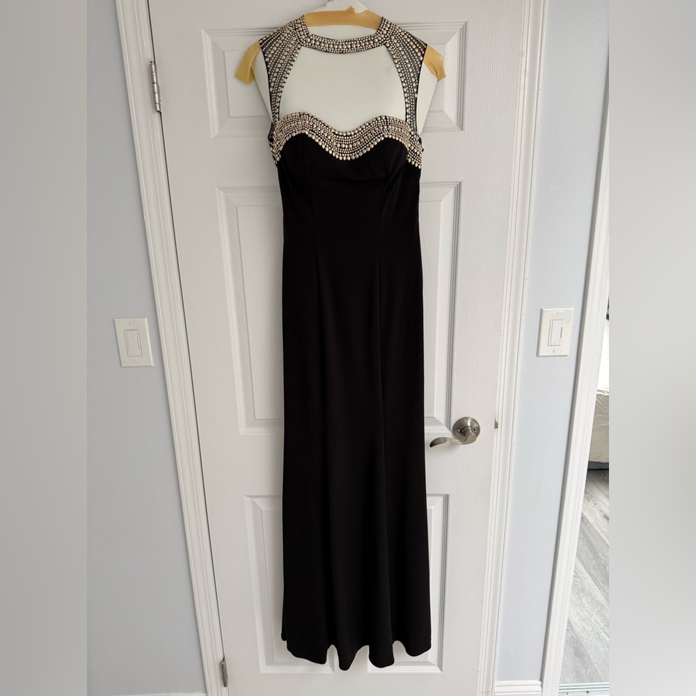 Custom Made Elegant Black Evening Gown with Embellished Neckline Fits sizes 0-4